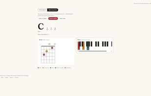 Reverse mode ("Name my chord"): tap keys or frets and the chord is identified live — here C–E–G tapped on the piano, named C major, with the best guitar voicing mirrored.