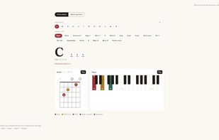 The finder: pick a root and chord type — the chord appears on guitar and piano side by side, notes color-coded by harmonic function, with audio playback.