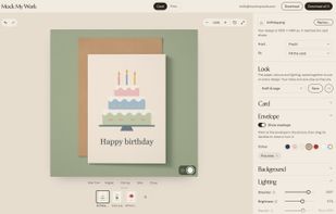 The editor: a card on its envelope, with the look, envelope and lighting controls beside it