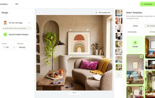 Editor: one design placed into eight templates at once, with a live preview