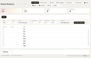 A free Modbus RTU/TCP master with polling, writes, a traffic log and a built-in slave simulator.