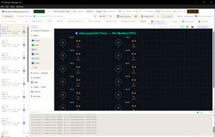 HMI Dashboard (Pro): live monitoring of 16 ebm-papst EC fans over Modbus RTU. Custom dashboards with gauges, fans, lamps, trends, and alarm widgets — built by drag and drop, no PLC programming needed.