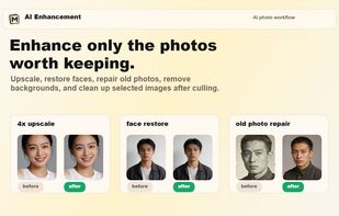 AI photo enhancement examples including portrait retouching, old photo restoration, upscaling, and cleanup.