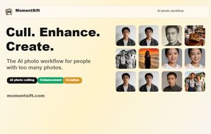 MomentSift overview showing an AI workflow to cull, enhance, and create better photos from large photo batches.
