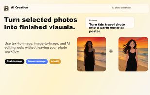 AI creation workflow showing text-to-image and image-to-image tools for generating finished visuals.