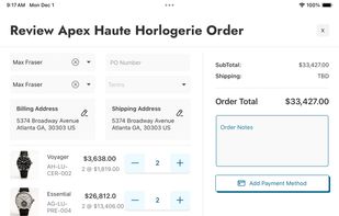Easy Order submission allows you to quickly set Term, PO's, Assign Sales Reps and add Payment Options.