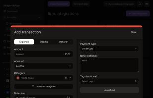 Rich transaction entry – log expenses, income, or transfers with categories, tags, splits across multiple categories, refund linking, and payment-type tracking.