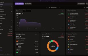 Main dashboard – balance trend, latest transactions, expense structure, subscriptions, and category overview at a glance.