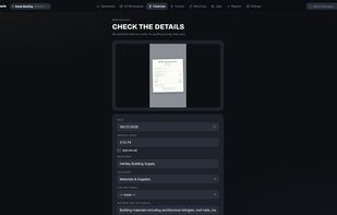 A receipt photo becomes an expense: merchant, amount, date, and category picked out automatically.