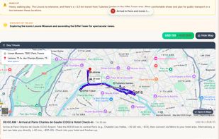 Day plan with maps, places and food