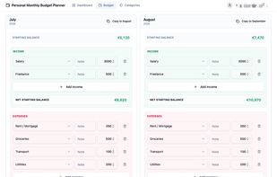 Transactions — detailed income and expense tracking by category