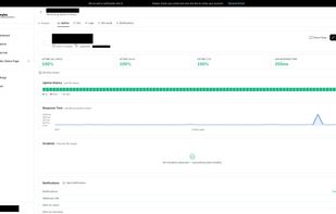 Monytra project detail page showing 100% uptime across all time periods, 255ms average response time, full uptime history, response time graph, and incident tracking with notifications enabled out of the box.