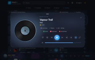 Now playing with song title, cover art and “listen on” links for Spotify, Apple Music and YouTube Music.