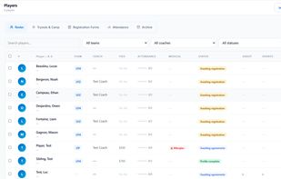 Team roster management with role-based coach and staff access.