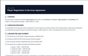 Agreements auto-populate real fee, discount, and payment schedule — no placeholders.