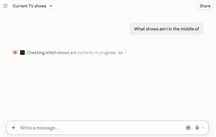 Asking "what shows am I in the middle of" inside Claude. There is no app to open: the question goes in the chat, and MoreLike answers it.