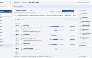 A centralized daily overview showing upcoming bookings, class capacity, payment status, attendance controls, staff availability, and real-time business activity.