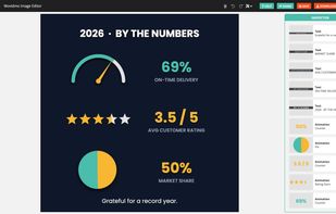 Image editor: layer and edit text, photos, shapes, and icons — plus live data widgets like gauges, charts, and star ratings.