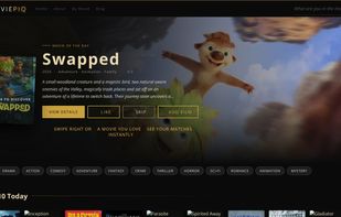 Moviepiq desktop view showing the taste engine, Movie of the Day feature, genre filters and Top 10 Today section.
