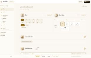 The composer: key, rhythm, instruments, and harmony blocks, with melody, vocals, and the builder as the next steps.