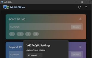 Per-monitor settings: choose the auto-advance interval, set the image cache size for that monitor, and pick from eight GPU-accelerated transitions — fade, slide (left/right/up/down), rotate (horizontal/vertical card-flip), and checkerboard.

