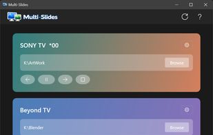 The tray-resident control window. Each connected monitor gets its own tile, its own source folder, and its own playback controls. Three displays running fully independent slideshows from a single process.
