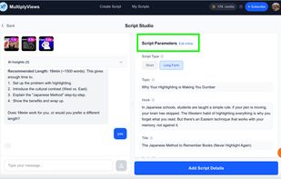 Chat with AI and finalise Title / topic / Angle / Hook / length