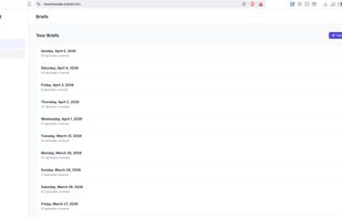 Daily briefs organized by date — click any day to read AI-generated summaries with key insights and takeaways.