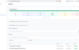 Browse all transcribed episodes with status tracking. Submit any YouTube or Reddit URL manually for on-demand processing.