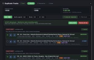 Duplicate finder: copies matched by sound, with the one to keep marked