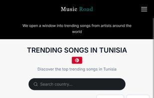Mobile list view showing trending songs in Tunisia as an alternative to the map view, with ranked songs, artist details and YouTube view counts.