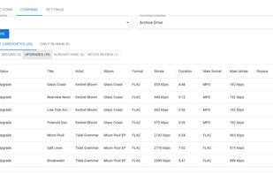 The Compare tab. Ten tracks in the Archive Drive collection are upgrades of tracks in the Laptop collection: FLAC files that replace MP3 files, and 24-bit FLAC files that replace 16-bit FLAC files.