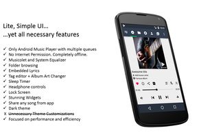 Main screen and Features list of Musicolet, Best android music player app. [Completely (100%) free, no ads.]