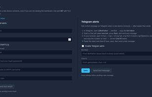 Alert settings: Telegram and email notifications for newly detected devices, configured from the browser.