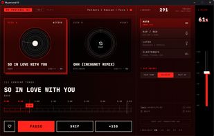 Two-deck DJ interface with automatic BPM matching and crossfade transitions