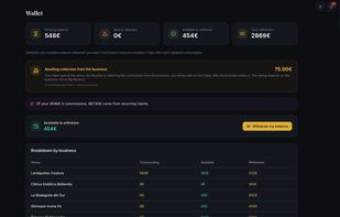 Ambassador wallet — commissions earned, pending balance and payouts via Stripe.