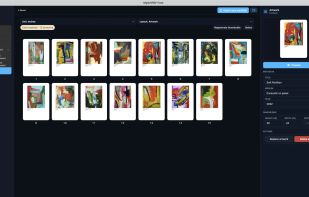 Organize artworks in a visual grid, edit titles, mediums, dimensions and dates, and prepare your portfolio for PDF export.