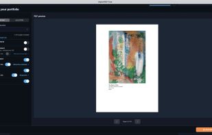 Customize your artist portfolio PDF with selectable sections, export language, page format, and a live preview before saving.