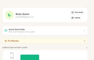 Profile page: Shows completed chores chart and app instruction pages.  Will also display coming soon features