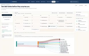 Calendar view showing debt due dates, income markers, planned expenses, reminders, and monthly flow timing.