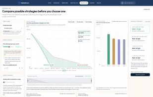 Scenario Lab showing payoff route comparisons, charts, extra payment testing, and strategy options.