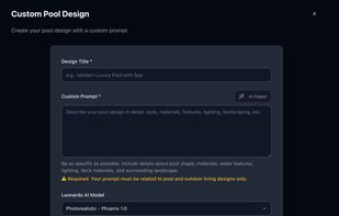 Design a custom pool and backyard concept with our custom prompt generator. Generate up to 4 views of the same backyard with photo realistic results.