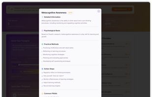 Metacognitive Awareness modal with sections for detailed info, psychological basis, practical methods, action steps, and common pitfalls, each presented as concise bullet points.