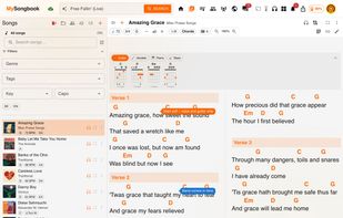 Song view with chords, transpose and zoom