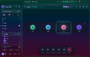 A voice room: mute, deafen, share screen, start video