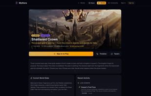 A live official world (Shattered Crown): tick count, locations discovered by players, adventurer count and events currently running in the simulation.