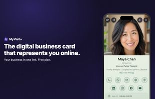 Your digital business card, live at your own short address: photo, contact and social links, hours and an About, ready to share by link, QR or wallet pass.