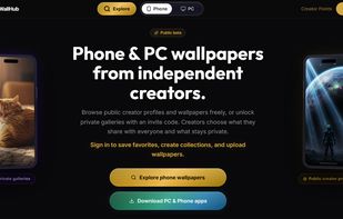 MyWallHub Phone mode for discovering wallpapers from independent creators, with public and private profiles and access to the connected Phone and PC apps.