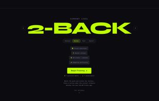 N-BACK BOOST interface showing a 2-back working memory training setup with visual positions and spoken letters.