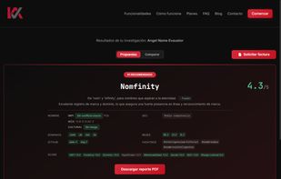 Dashboard de Resultados: Análisis en tiempo real de disponibilidad legal (IMPI), dominios, redes sociales y scoring de viabilidad.